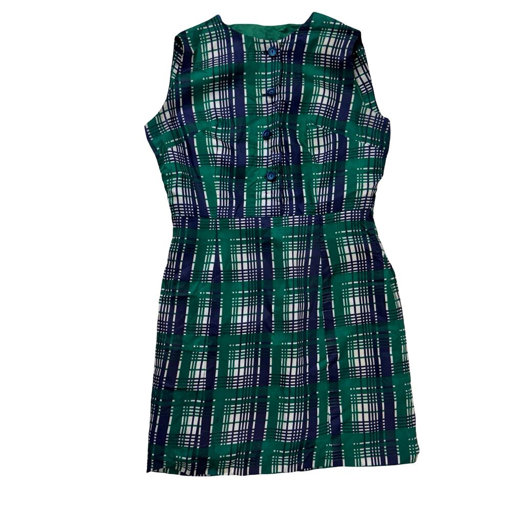 Vintage 60s Green Plaid Shift Dress | Handmade Mod Tartan Mini | Size M Petite